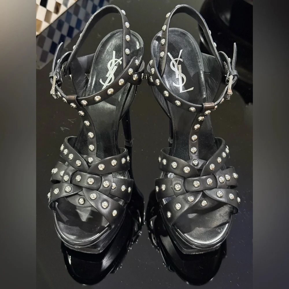 Saint Laurent TRIBUTE SILVER STUDDED Sandals RARE/ EUC - Picture 5 of 14